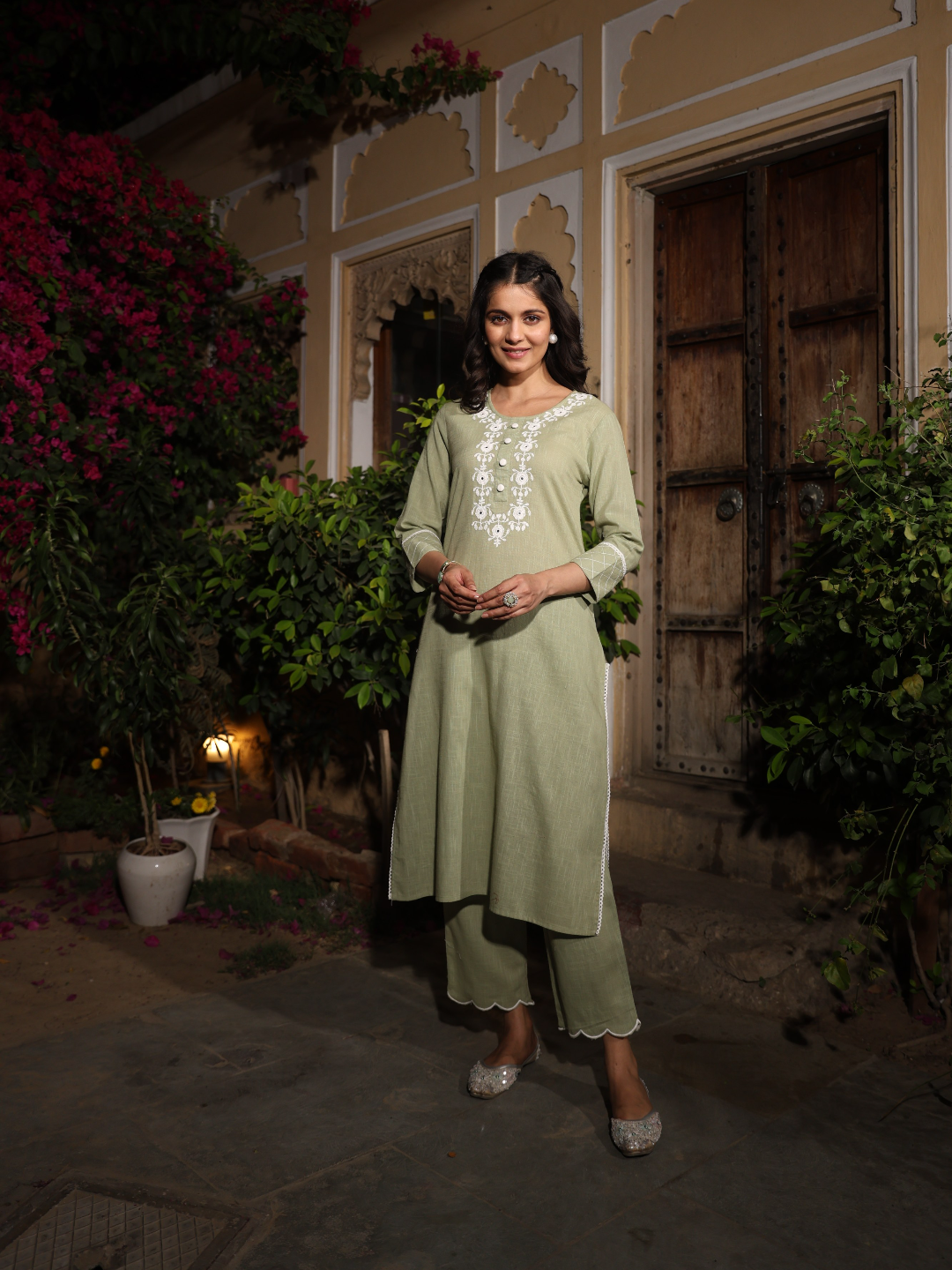 Plain Green Embroidery Kurta Set