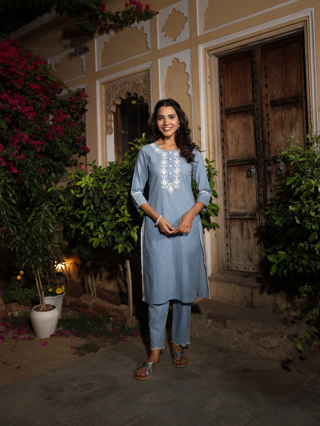 Plain Light Blue Embroidery Kurta Set