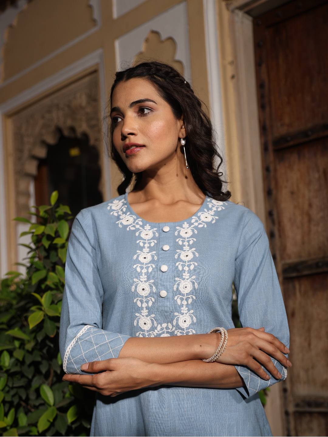 Plain Light Blue Embroidery Kurta Set