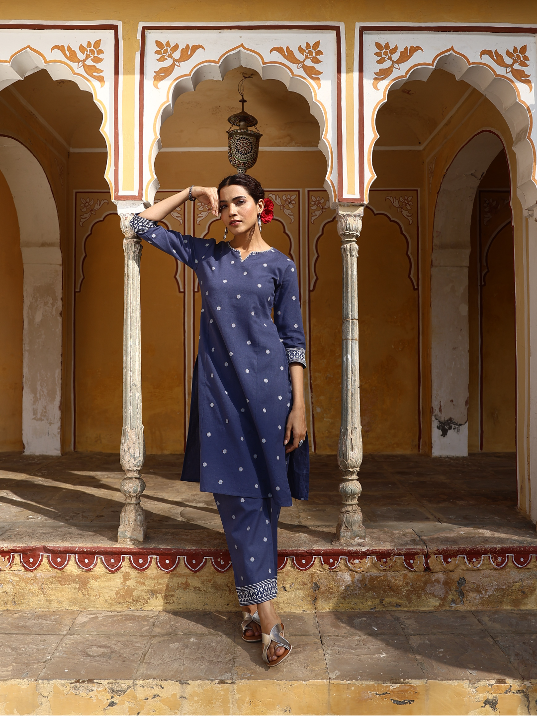 Blue Embroidered Thread Work Pure Cotton Kurta Set