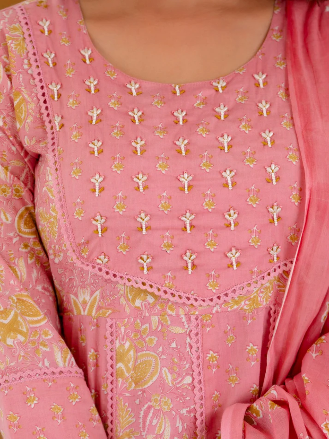 Pink Floral Printed Cotton Kurta with Beads Work and Dupatta