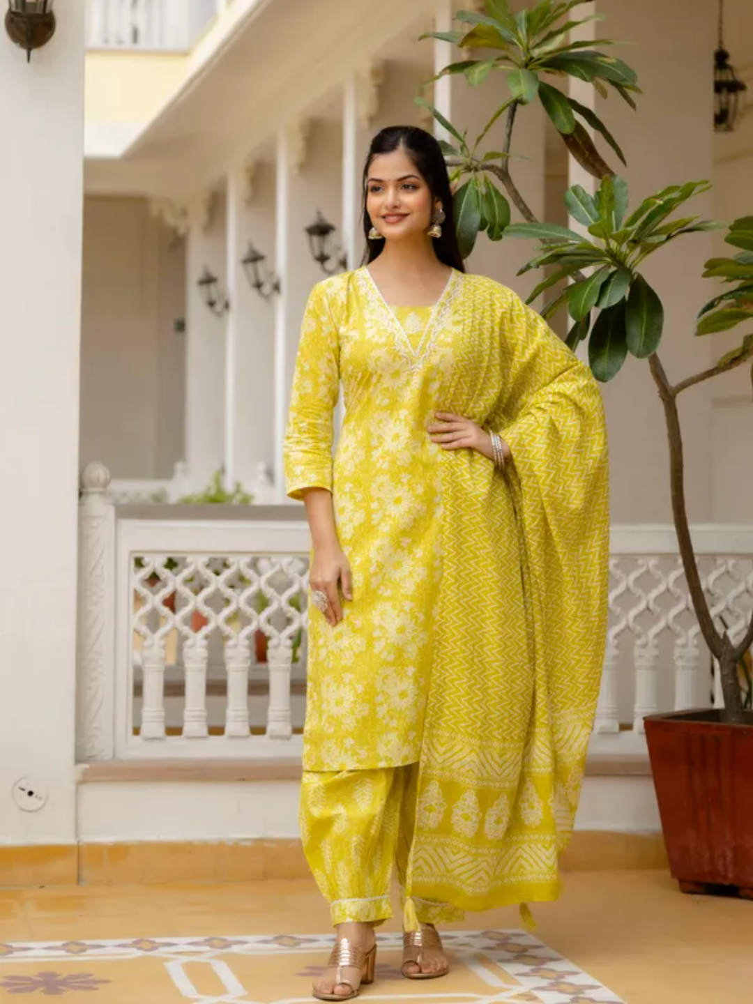 Floral Printed Pure Cotton Kurta with Aari Work, Patiala Pants, and Dupatta