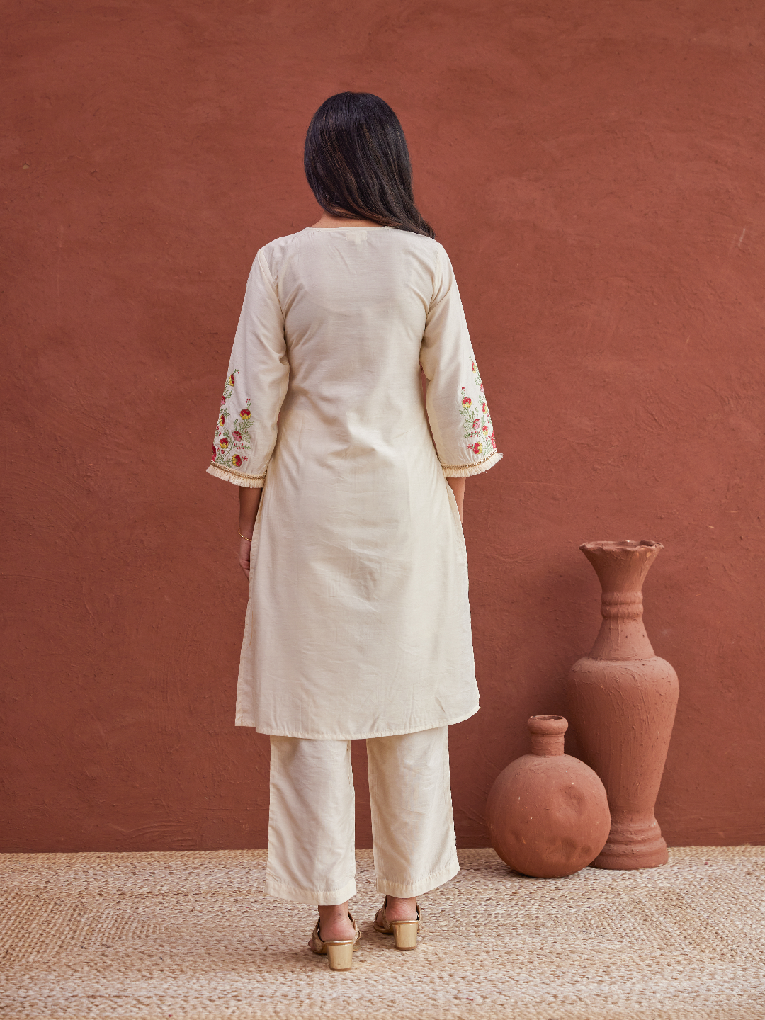 Off-White Embroidered Kurta and Pant Set