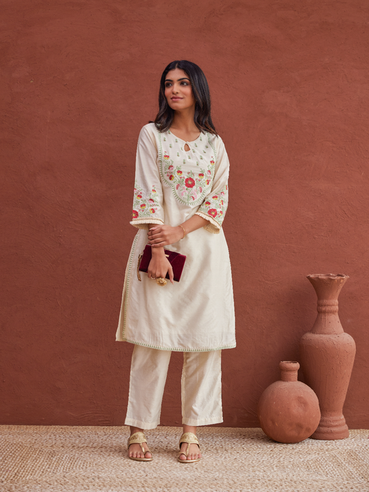 Off-White Embroidered Kurta and Pant Set
