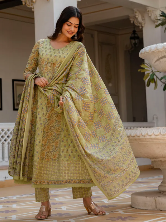 Green Floral Printed Ari Work Anarkali Kurta Set