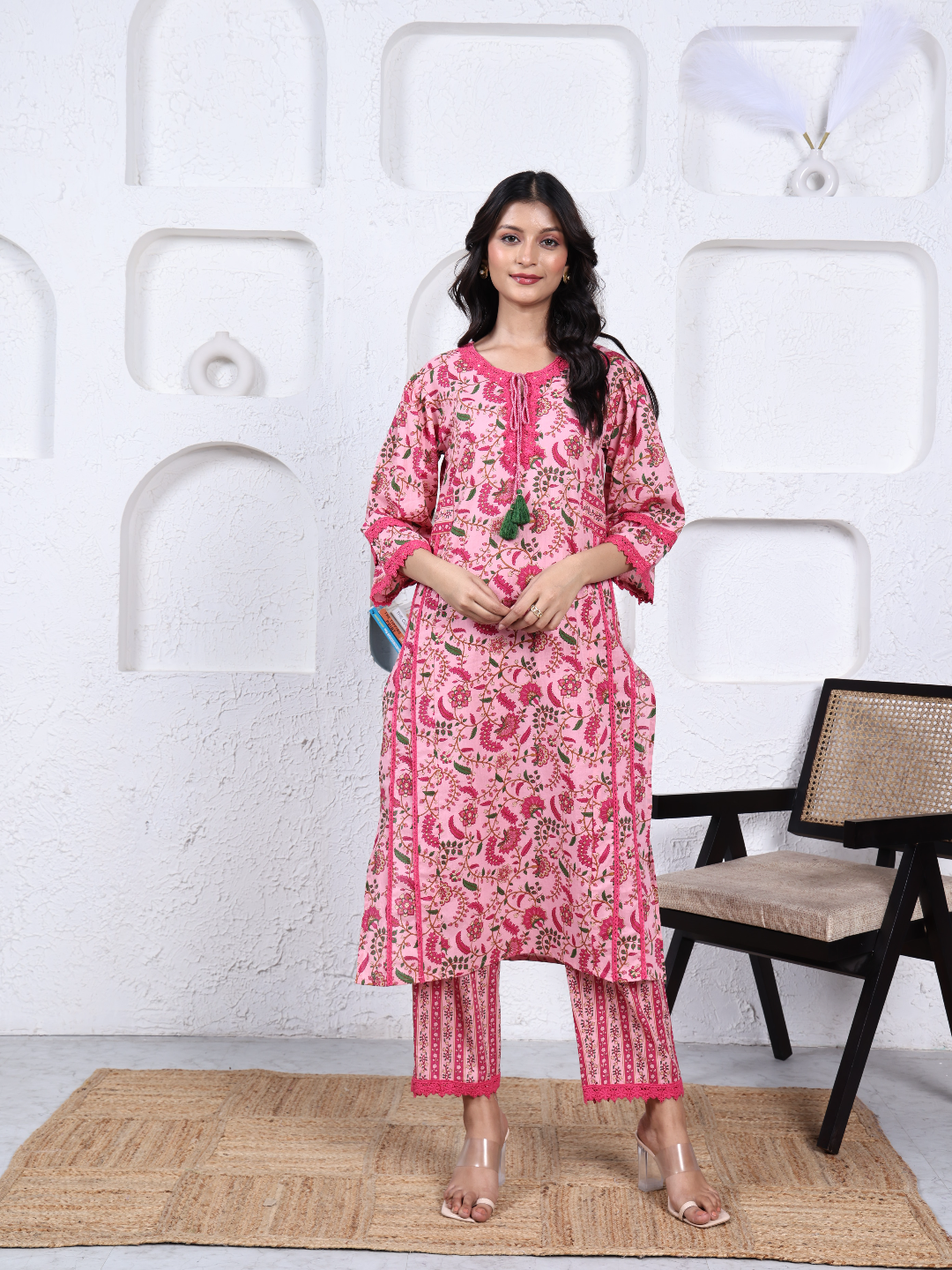 Pink Floral Print Pure Cotton Kurta Set