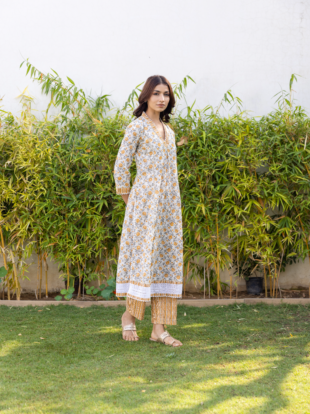 White With Yellow Print V-Neck Kurta Set