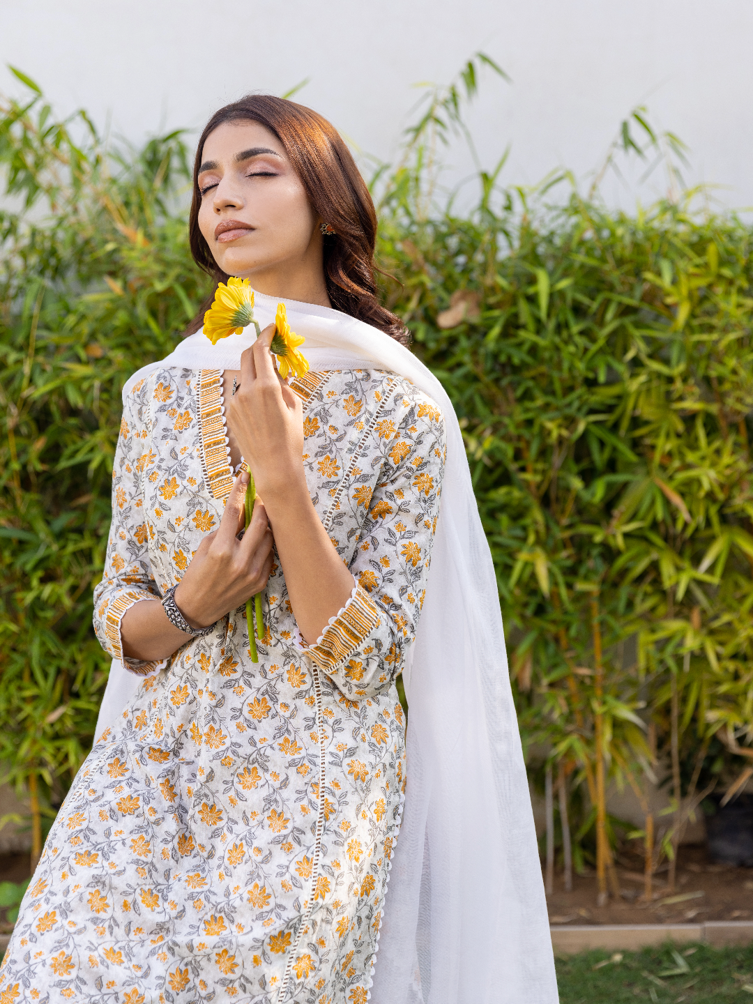 White With Yellow Print V-Neck Kurta Set