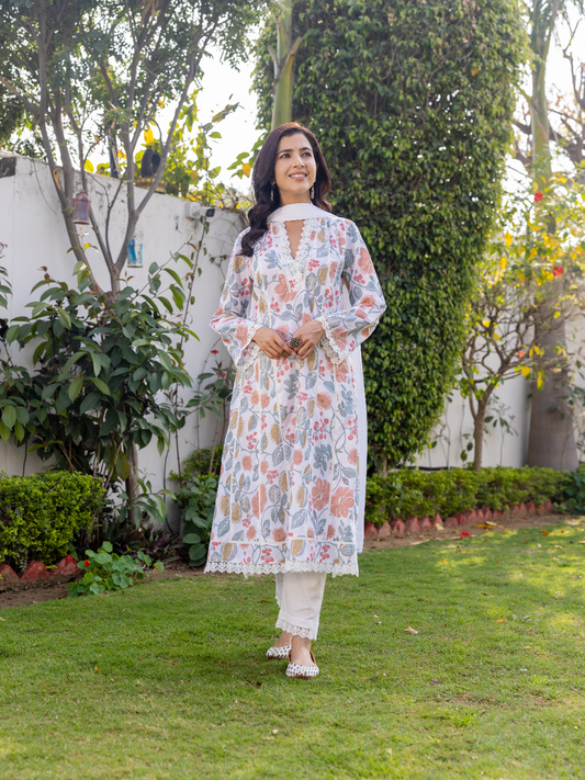 White Floral Print Pure Cotton Kurta Set