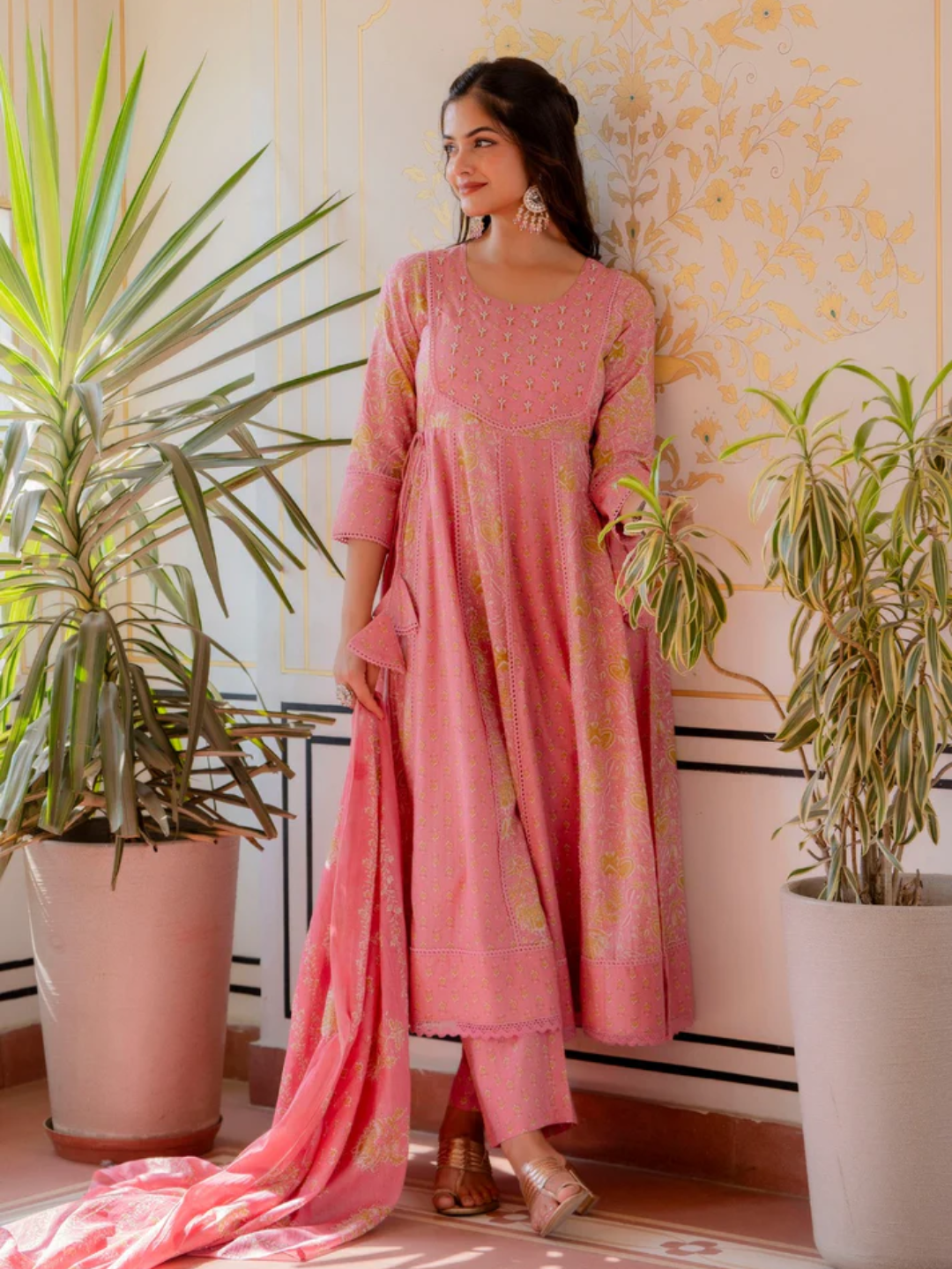 Pink Floral Printed Cotton Kurta with Beads Work and Dupatta