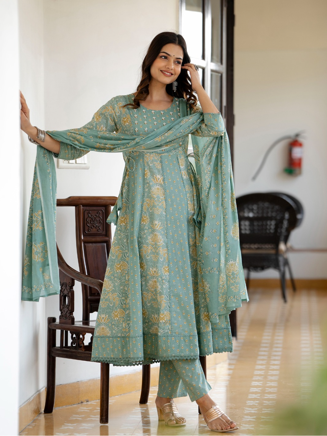 Floral Printed Cotton Kurta with Beads Work With Dupatta