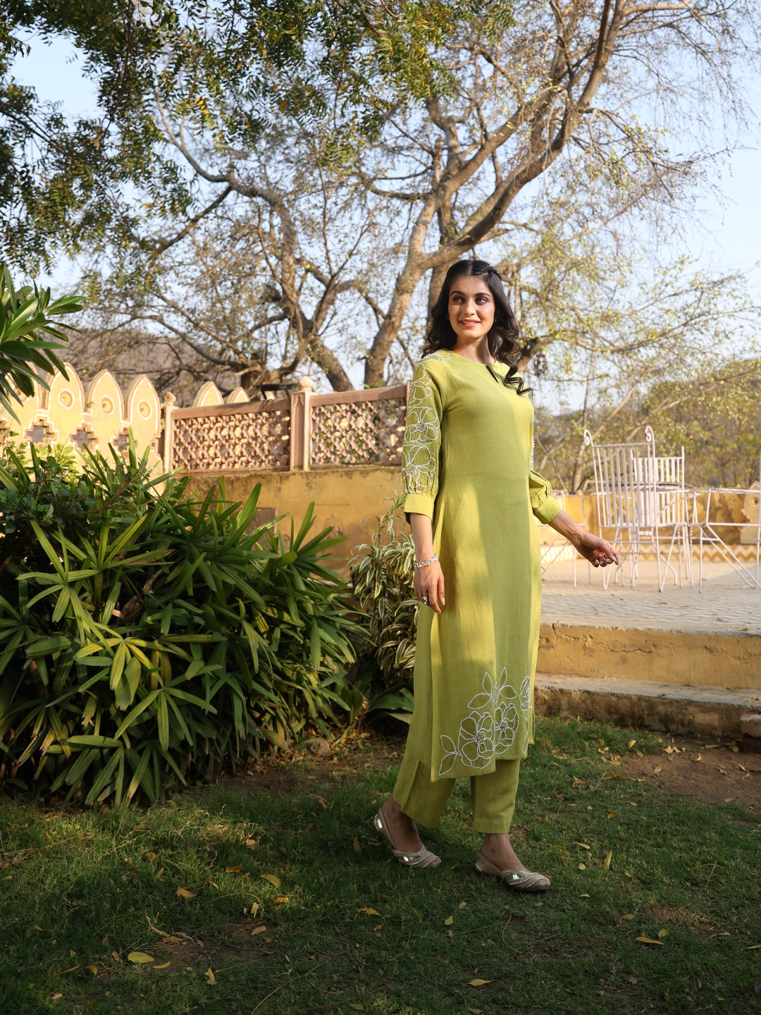 Green Linen Cotton Kurta Set