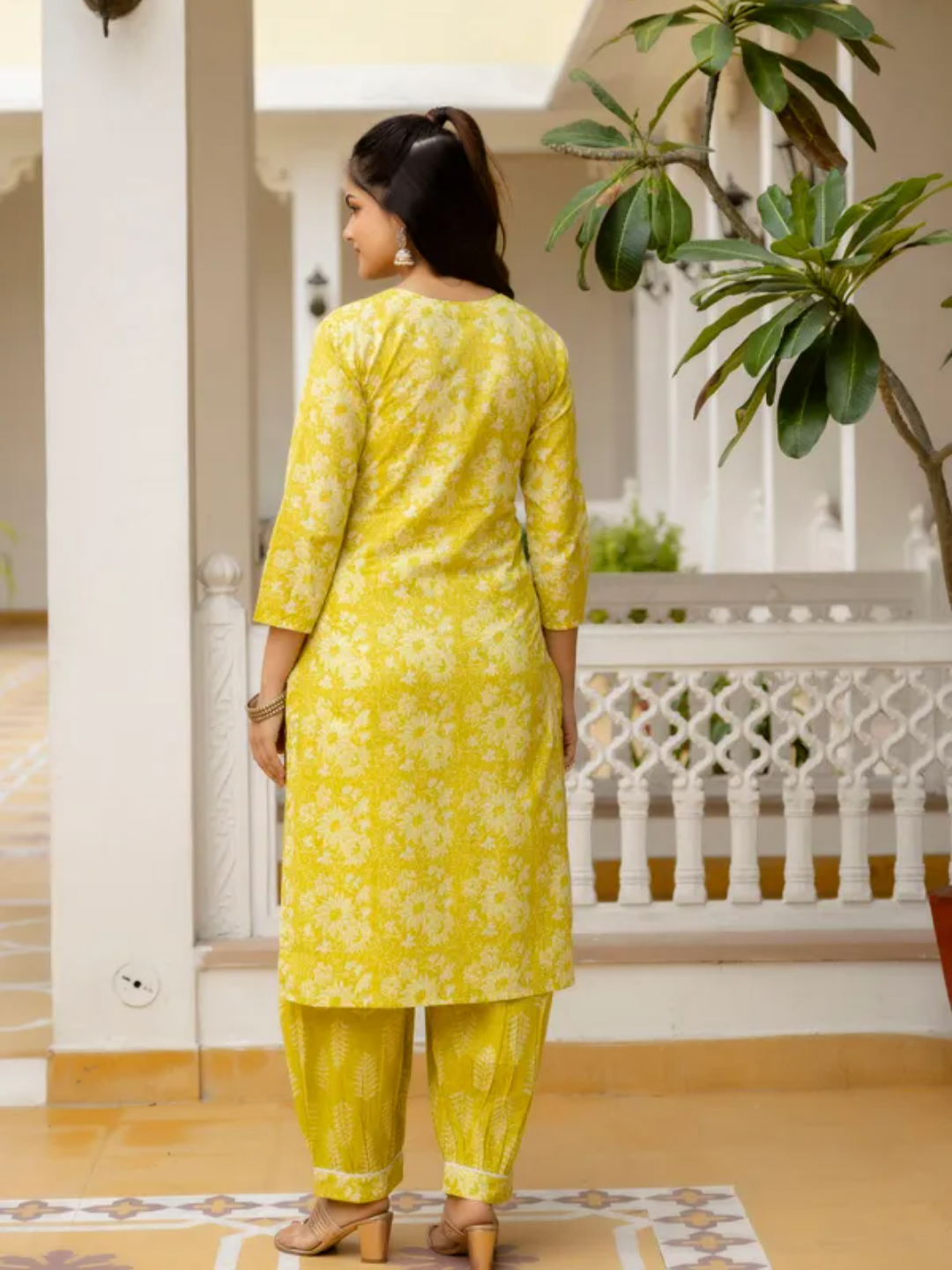 Floral Printed Pure Cotton Kurta with Aari Work, Patiala Pants, and Dupatta