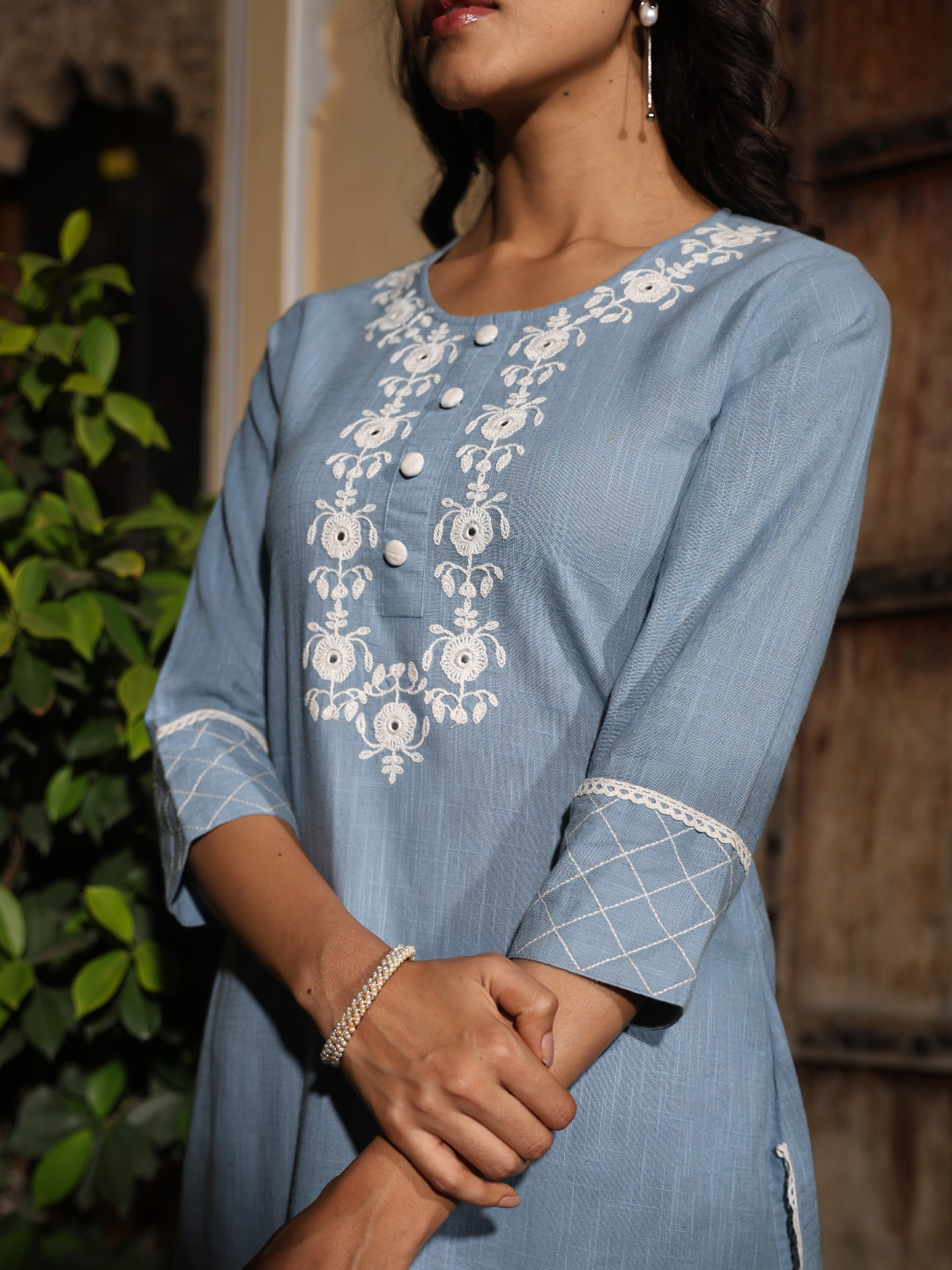 Plain Light Blue Embroidery Kurta Set