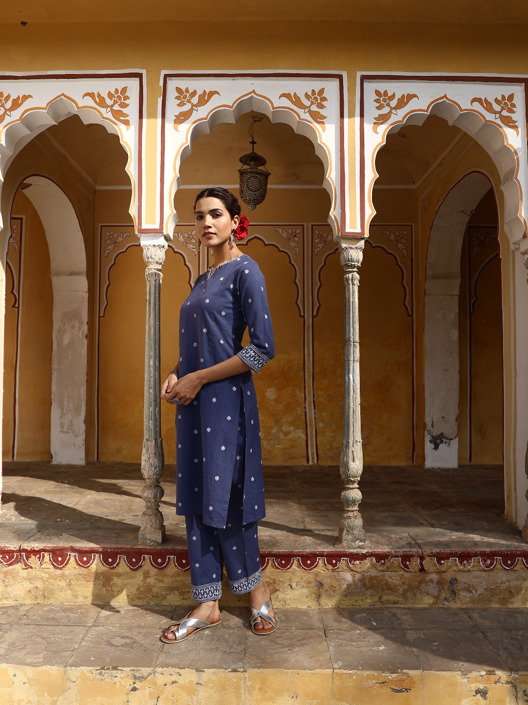 Blue Embroidered Thread Work Pure Cotton Kurta Set