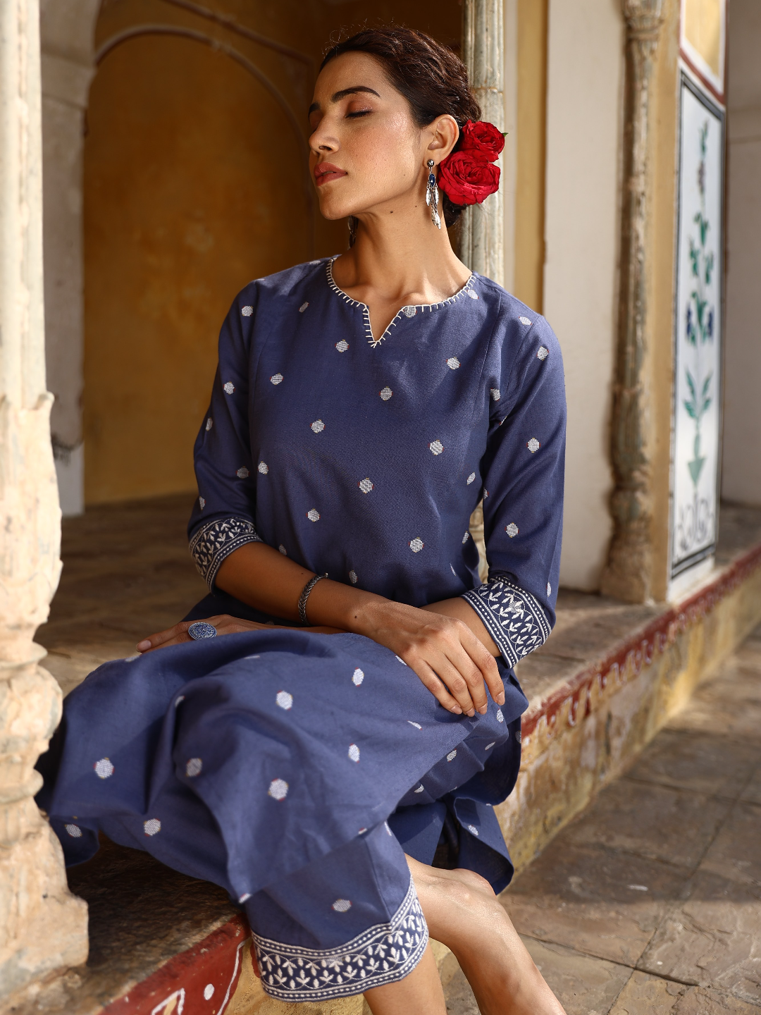 Blue Embroidered Thread Work Pure Cotton Kurta Set