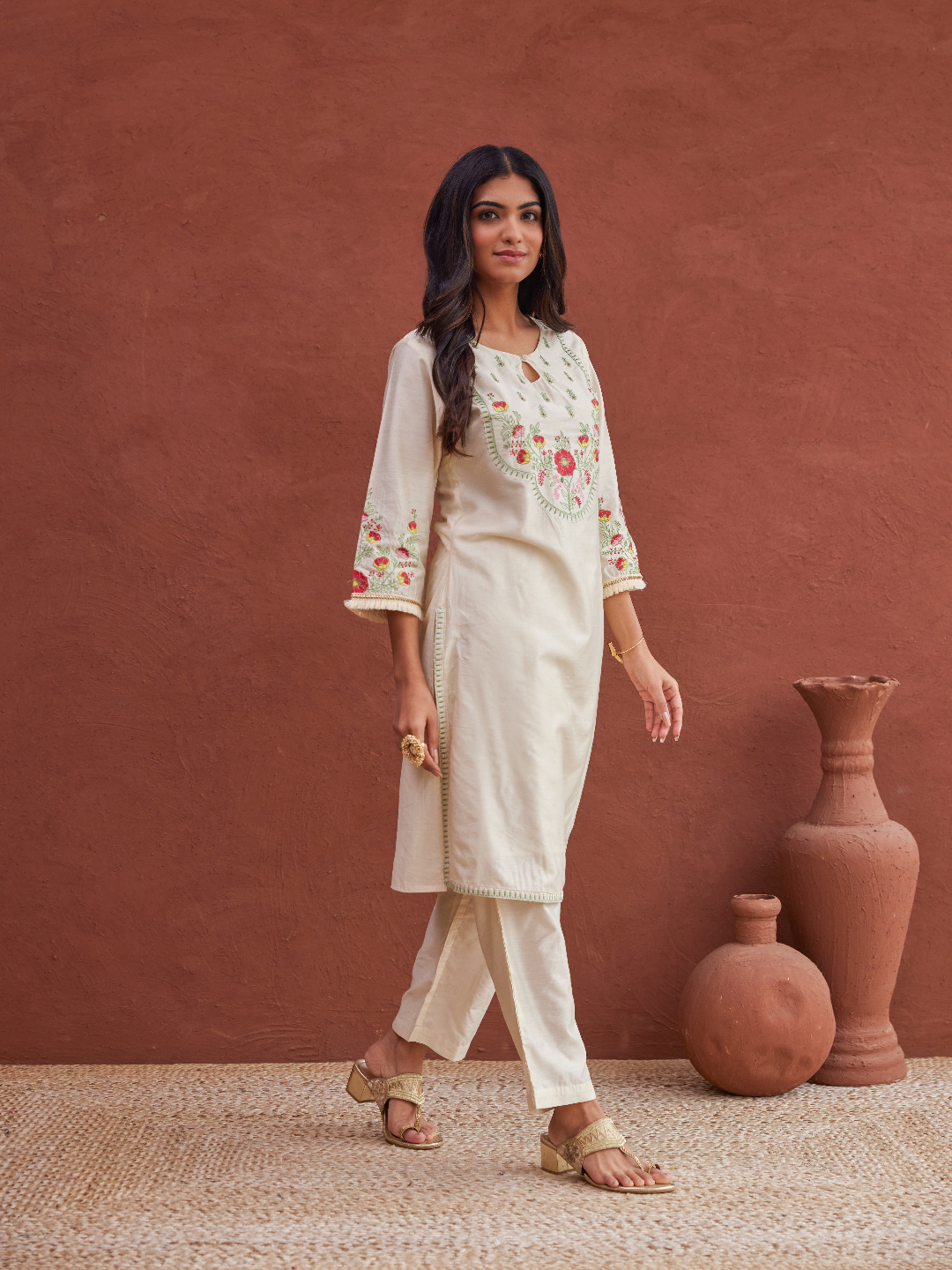 Off-White Embroidered Kurta and Pant Set