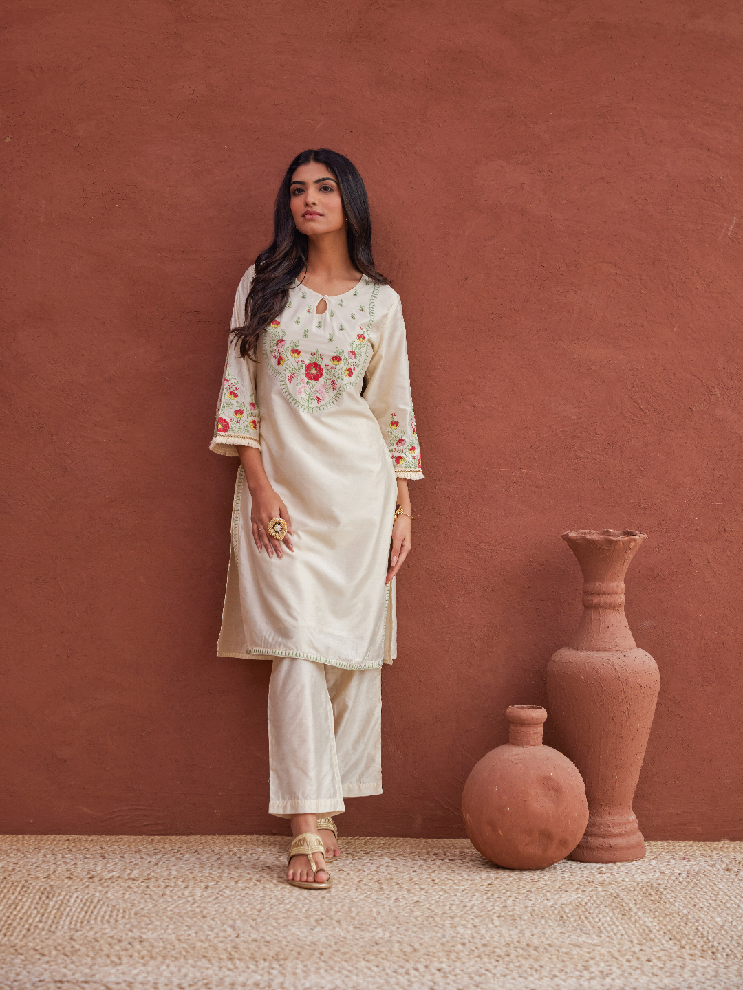 Off-White Embroidered Kurta and Pant Set