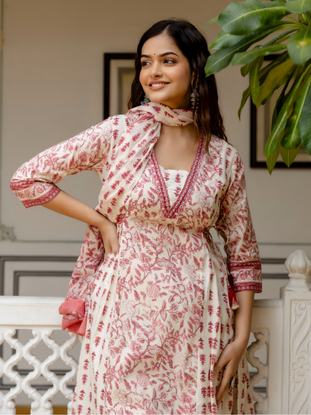 A-Line Floral Pink Kurta Set With Dupatta