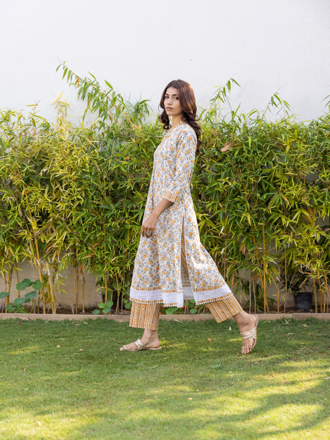 White With Yellow Print V-Neck Kurta Set