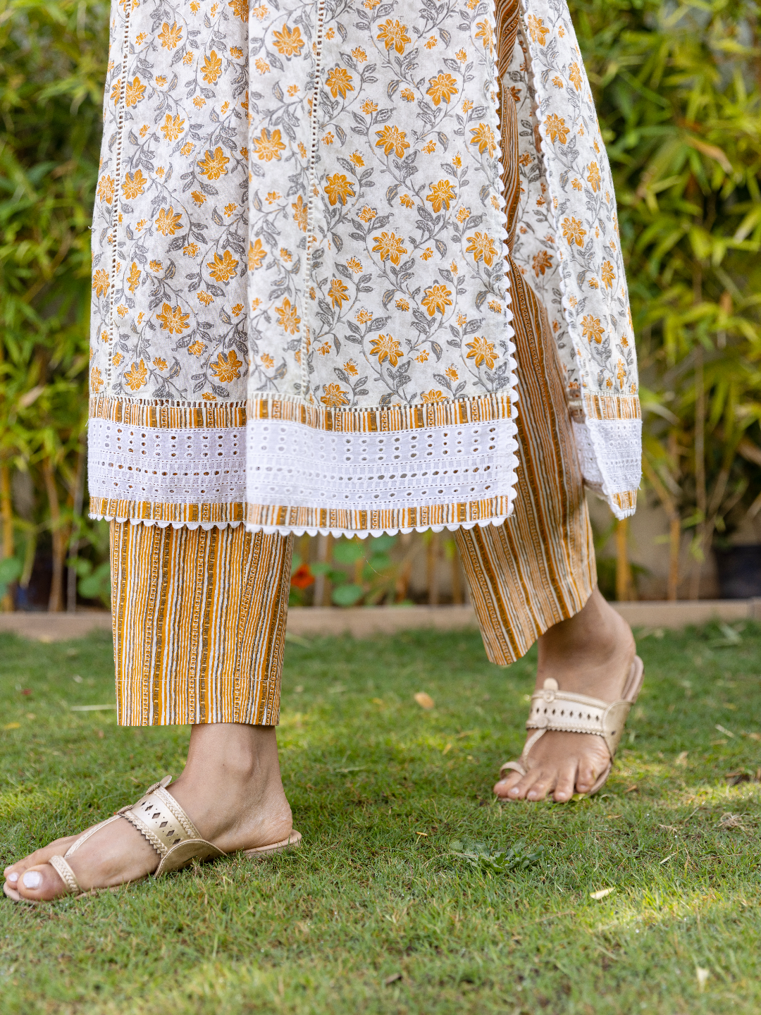 White With Yellow Print V-Neck Kurta Set