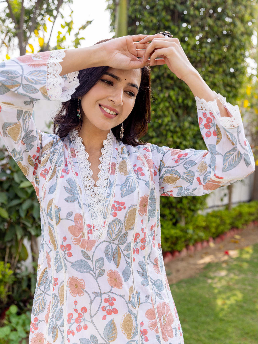 White Floral Print Pure Cotton Kurta Set