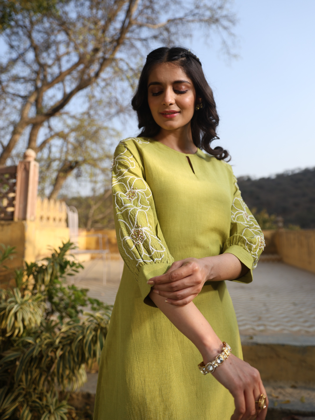 Green Linen Cotton Kurta Set