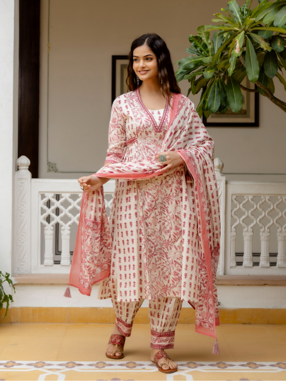 A-Line Floral Pink Kurta Set With Dupatta