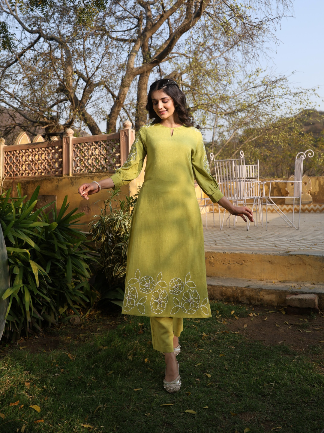 Green Linen Cotton Kurta Set