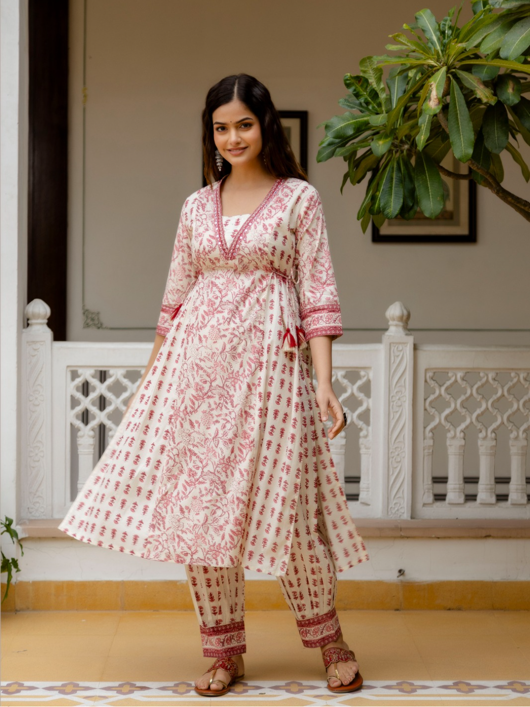 A-Line Floral Pink Kurta Set With Dupatta