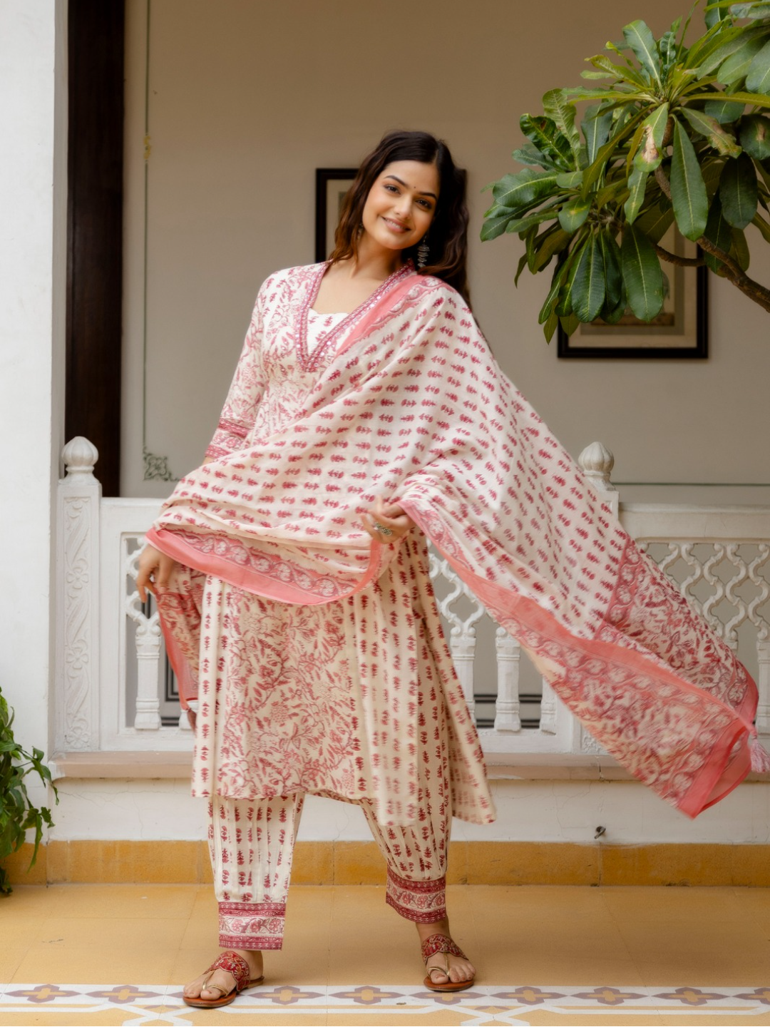 A-Line Floral Pink Kurta Set With Dupatta