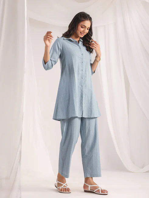 Light Blue Self-Design Cotton Jacquard Co-ord Set