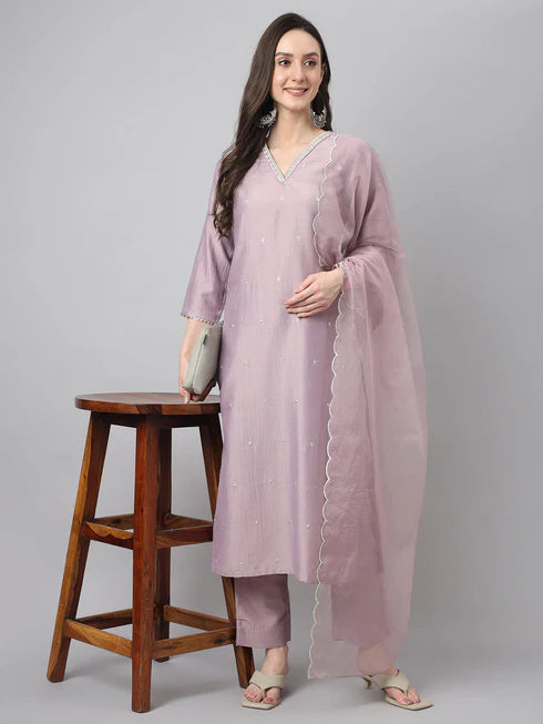 Lavender Chinon Embellished Kurta Set