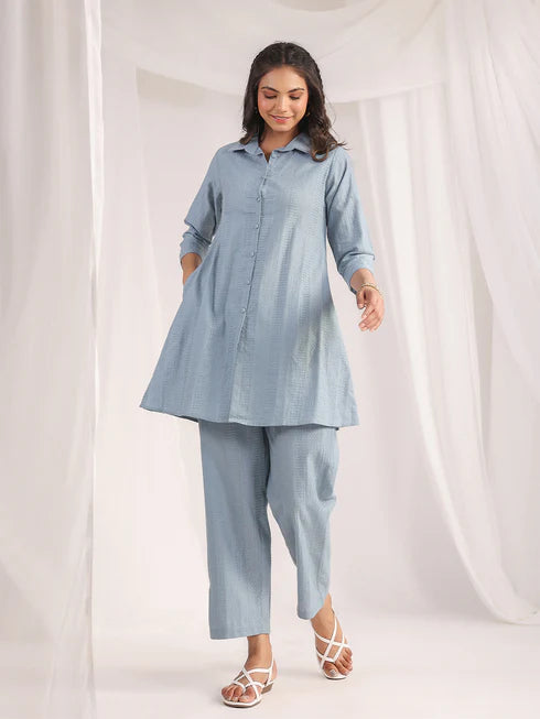 Light Blue Self-Design Cotton Jacquard Co-ord Set