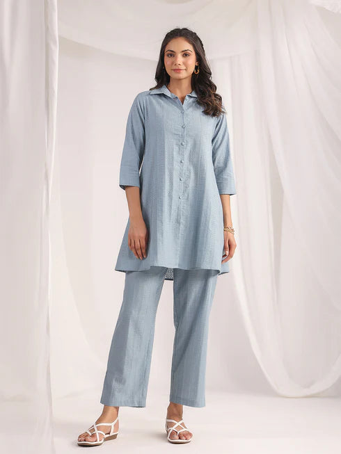 Light Blue Self-Design Cotton Jacquard Co-ord Set