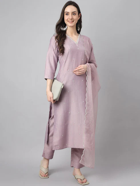 Lavender Chinon Embellished Kurta Set