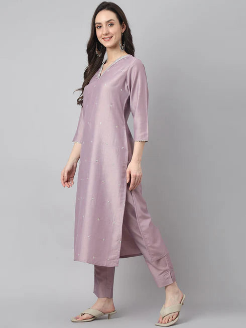 Lavender Chinon Embellished Kurta Set