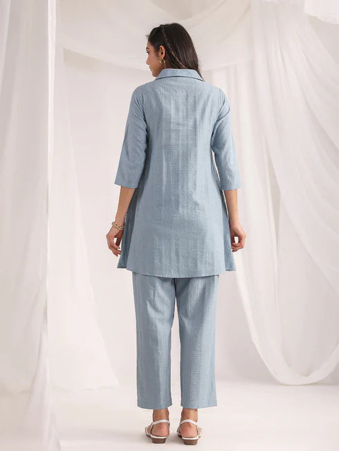 Light Blue Self-Design Cotton Jacquard Co-ord Set