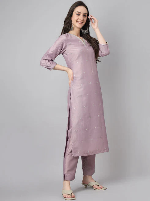 Lavender Chinon Embellished Kurta Set