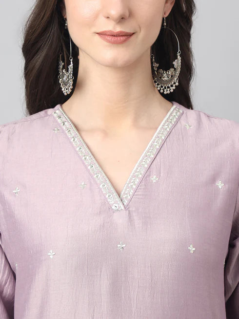 Lavender Chinon Embellished Kurta Set