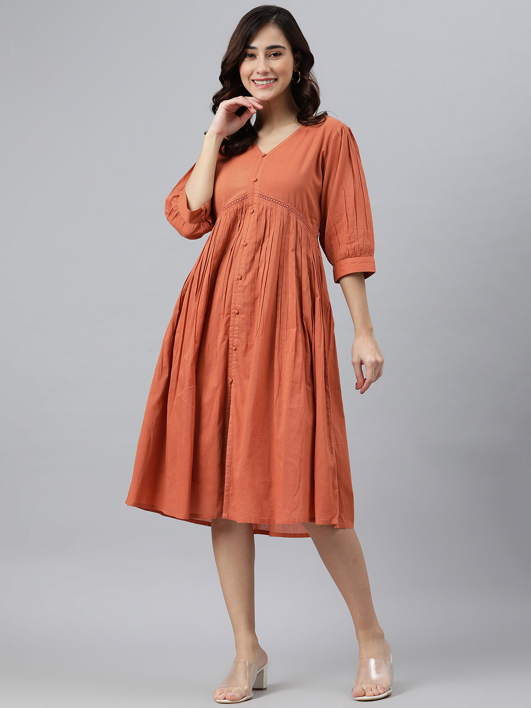 Flared Western Dress in Coral Orange Solid Cotton