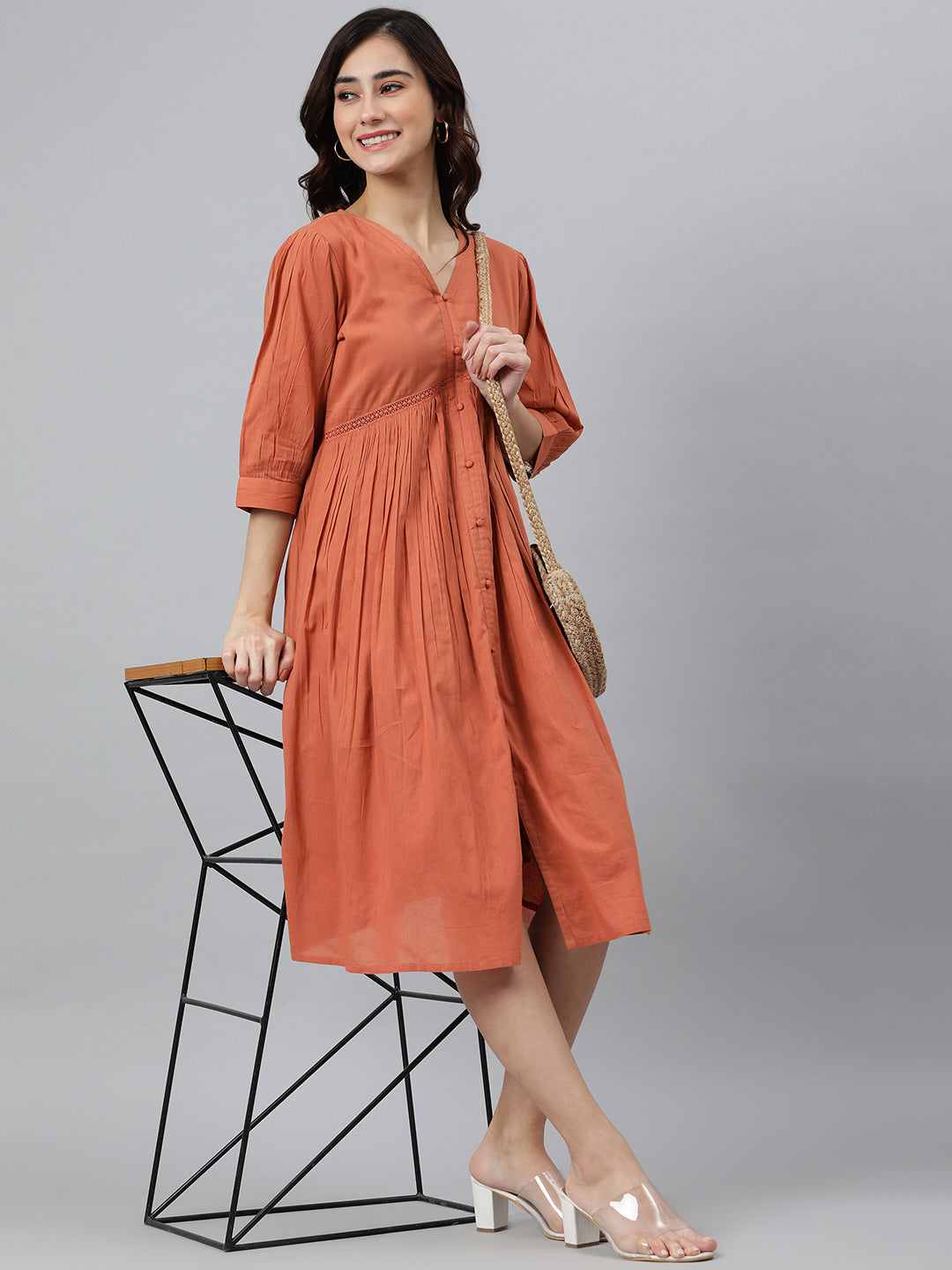 Flared Western Dress in Coral Orange Solid Cotton