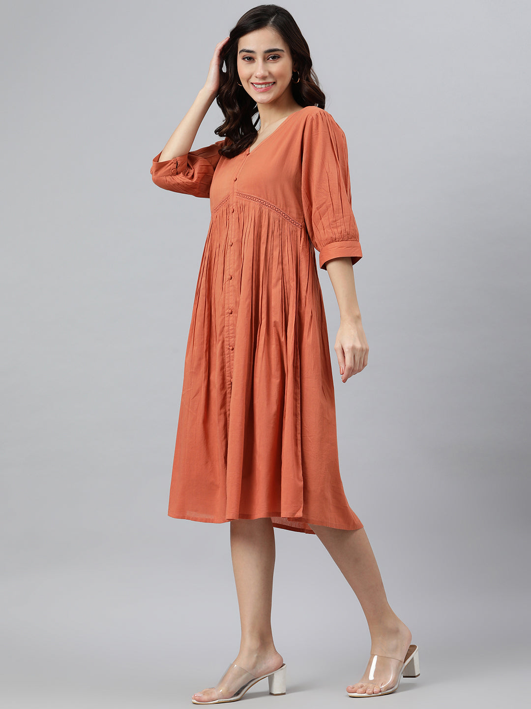 Flared Western Dress in Coral Orange Solid Cotton