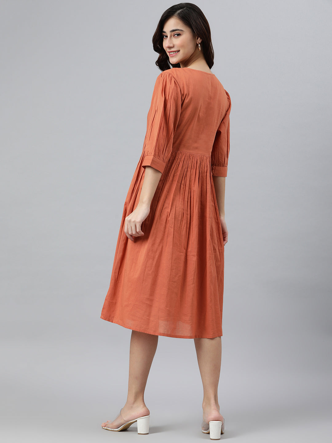 Flared Western Dress in Coral Orange Solid Cotton