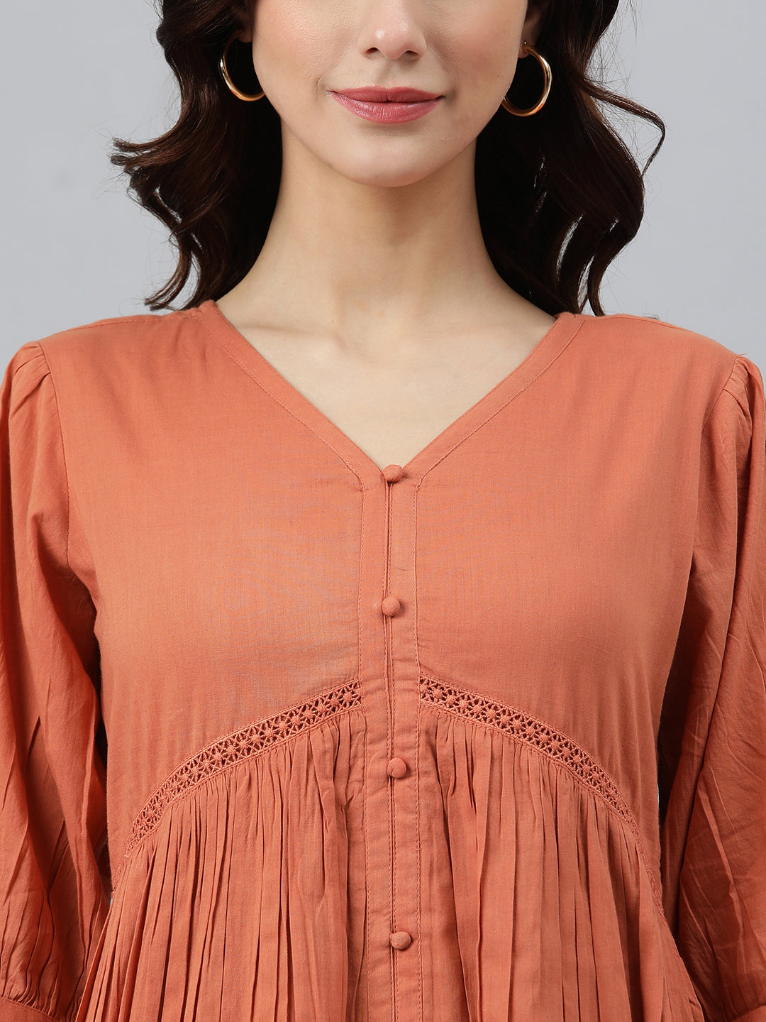 Flared Western Dress in Coral Orange Solid Cotton