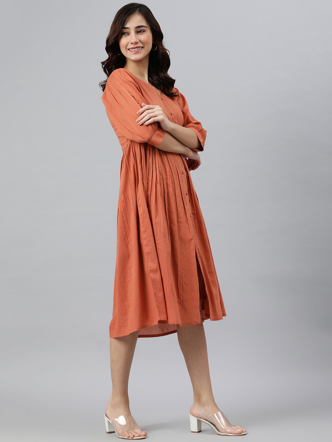 Flared Western Dress in Coral Orange Solid Cotton