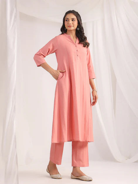 A-Line Co-Ord Set in Pink Cotton Jacquard with Self Design