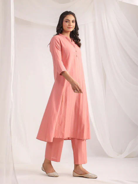 A-Line Co-Ord Set in Pink Cotton Jacquard with Self Design