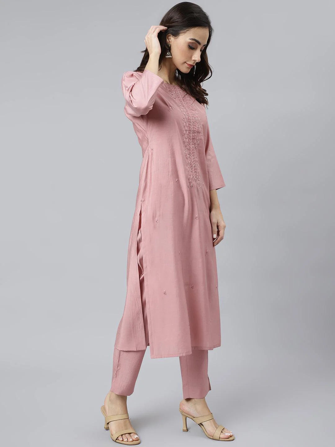 Light Pink Kurta & Palazzo Set with Delicate Thread Work