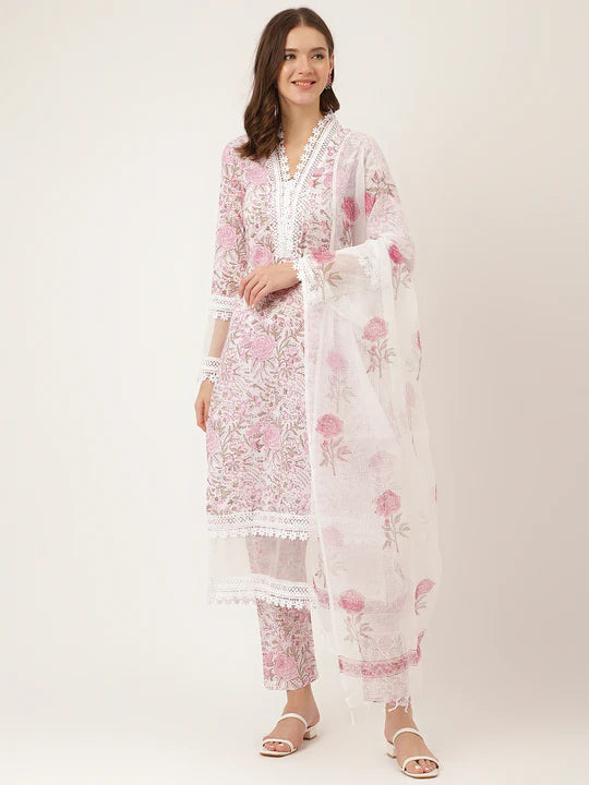 White Hand Block Floral Print Cotton Kurta with Trousers and Dupatta